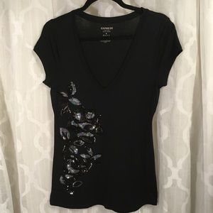 Express Sequin V Neck Tee Shirt Top Black Med